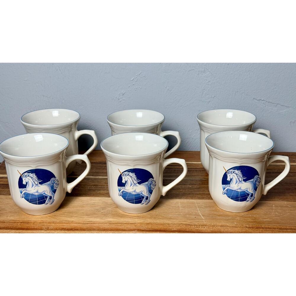 Vintage Unicorn Set of 6 | 1980s Blue & White Fantasy Coffee| Unicorn and Stars - Picture 2 of 11